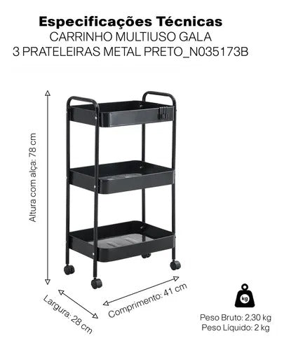 Carrinho Organizador Gala Em Metal 3 Divisórias Com Rodas Carrinho Organizador Gala Em Metal 3 Divisórias Com Rodas